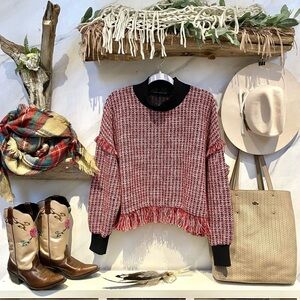 ZARA fringe tweed MOCK NECK boho SWEATER w Irish Scottish vibe